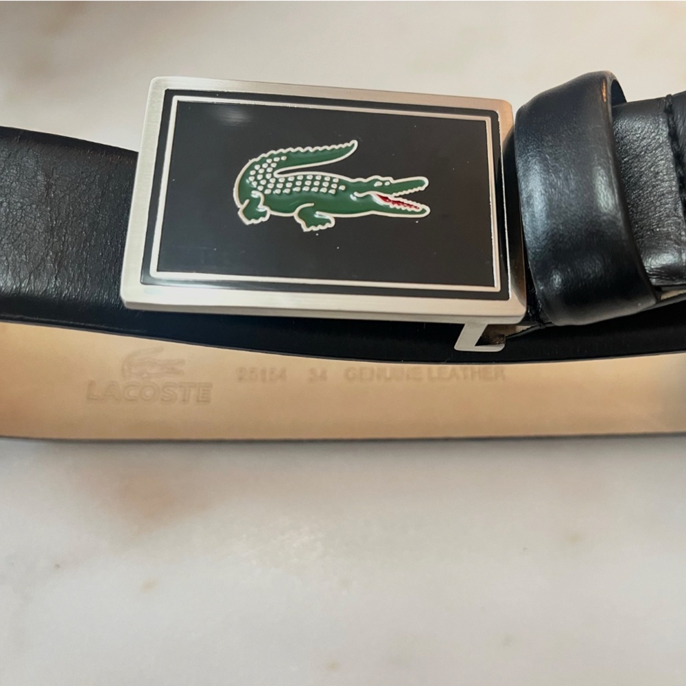 Lacoste Black Belt with Green Logo and Silver Buckle